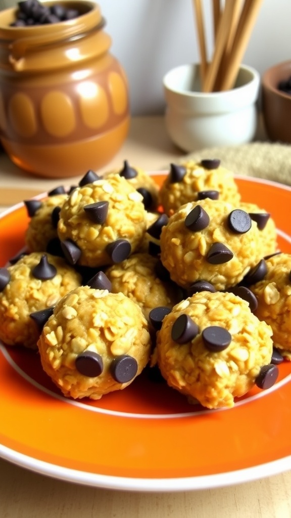 Plate of no-bake peanut butter oatmeal snack balls, with chocolate chips, on a kitchen table.